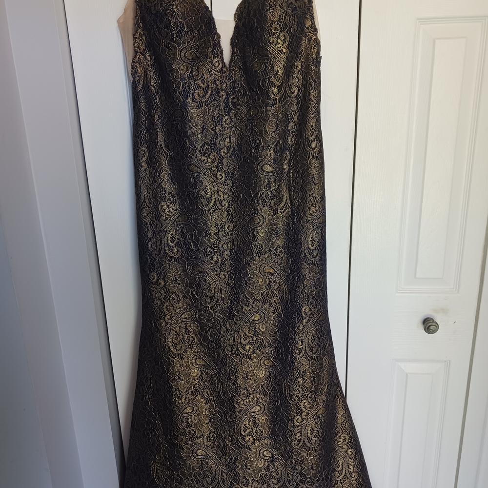 Angela & Alison Black and Gold Strapless Gown